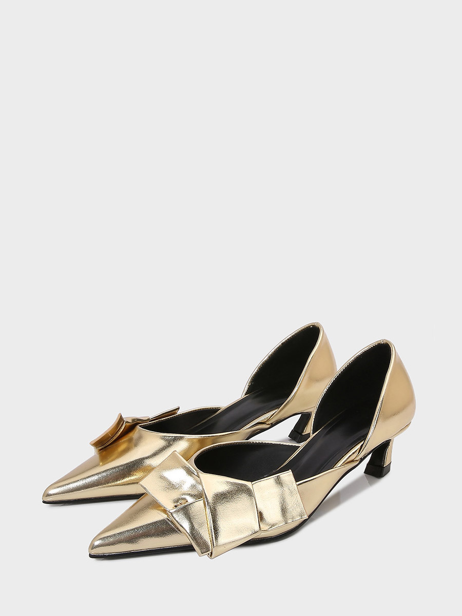 Women’s Patent PU Bow Accent Pointed Toe Kitten Heels D’Orsay Pumps (7)