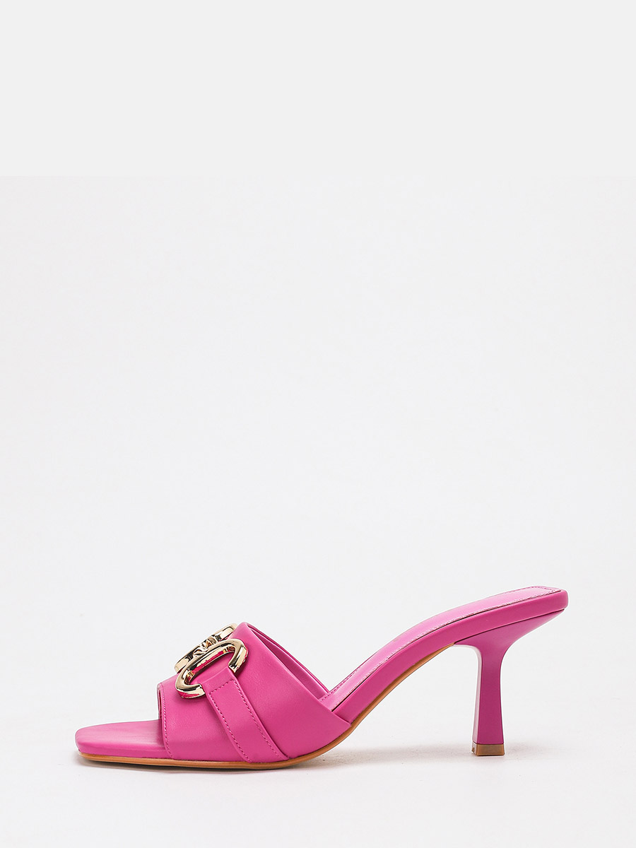 Women’s Pink Lambskin Metal Ring Buckle Stiletto Heels Square Open Toe Mule Sandals