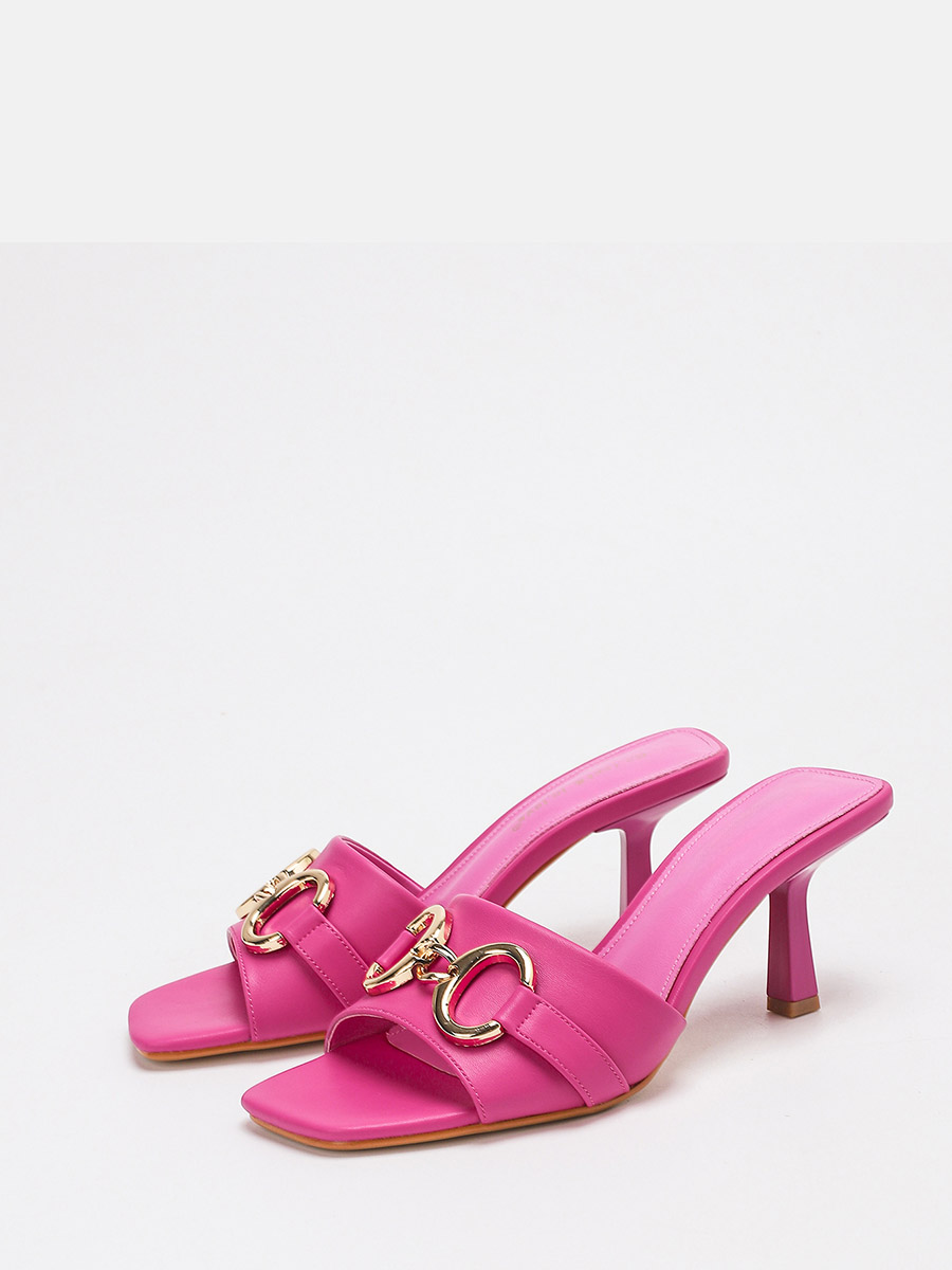 Women’s Pink Lambskin Metal Ring Buckle Kitten Heels Square Open Toe Mule Sandals (3)