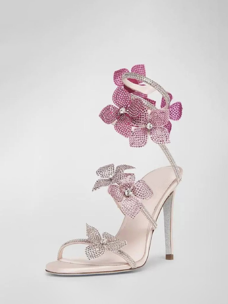 Women’s Pink Satin Rhinestone Floral Lace Strappy Open Toe Stiletto Heels Sandals (1)