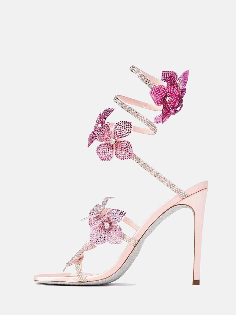 Women’s Pink Satin Rhinestone Floral Lace Strappy Open Toe Stiletto Heels Sandals