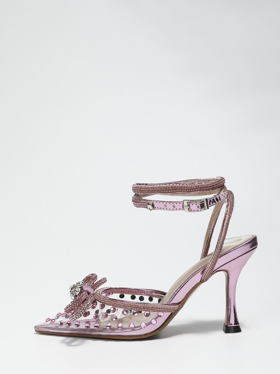 Women’s Pink Transparent Rhinestones Bow Ankle Strap Stiletto Heels Pointed Toe Pumps