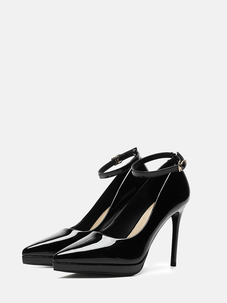 Women’s Pointed Toe Patent Leather Buckle Ankle Strap Platform Stiletto Heels Pumps