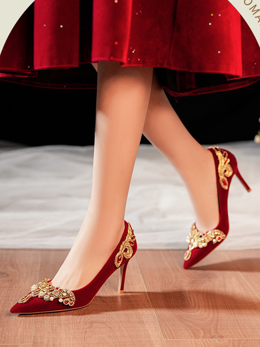 Women’s Red Suede Pointed Toe Rhinestones Pearl Embellished Stiletto Heels Bridal Pumps (6)