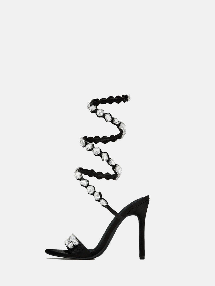Women’s Satin Rhinestones Embellished Wrap Strap Stiletto Heels Open Toe Sandals