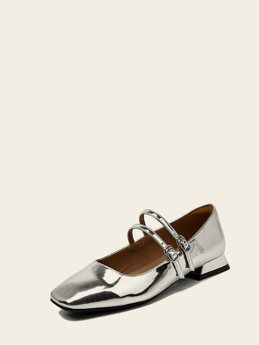 Women’s Silver PU Double Buckle Low Block Heels Mary Jane Square Toe Ballet