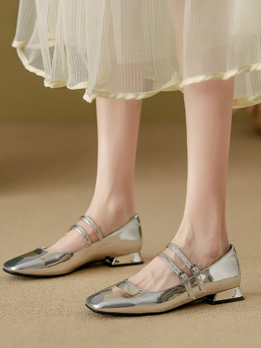 Women’s Silver PU Double Buckle Low Block Heels Mary Jane Square Toe Loafers (8)