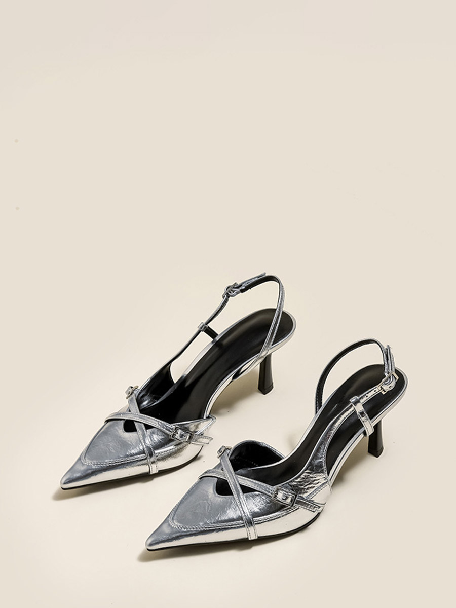 Women’s Silver Patent Microfiber Leather Buckle Slingback Pointed Toe Stiletto Heels