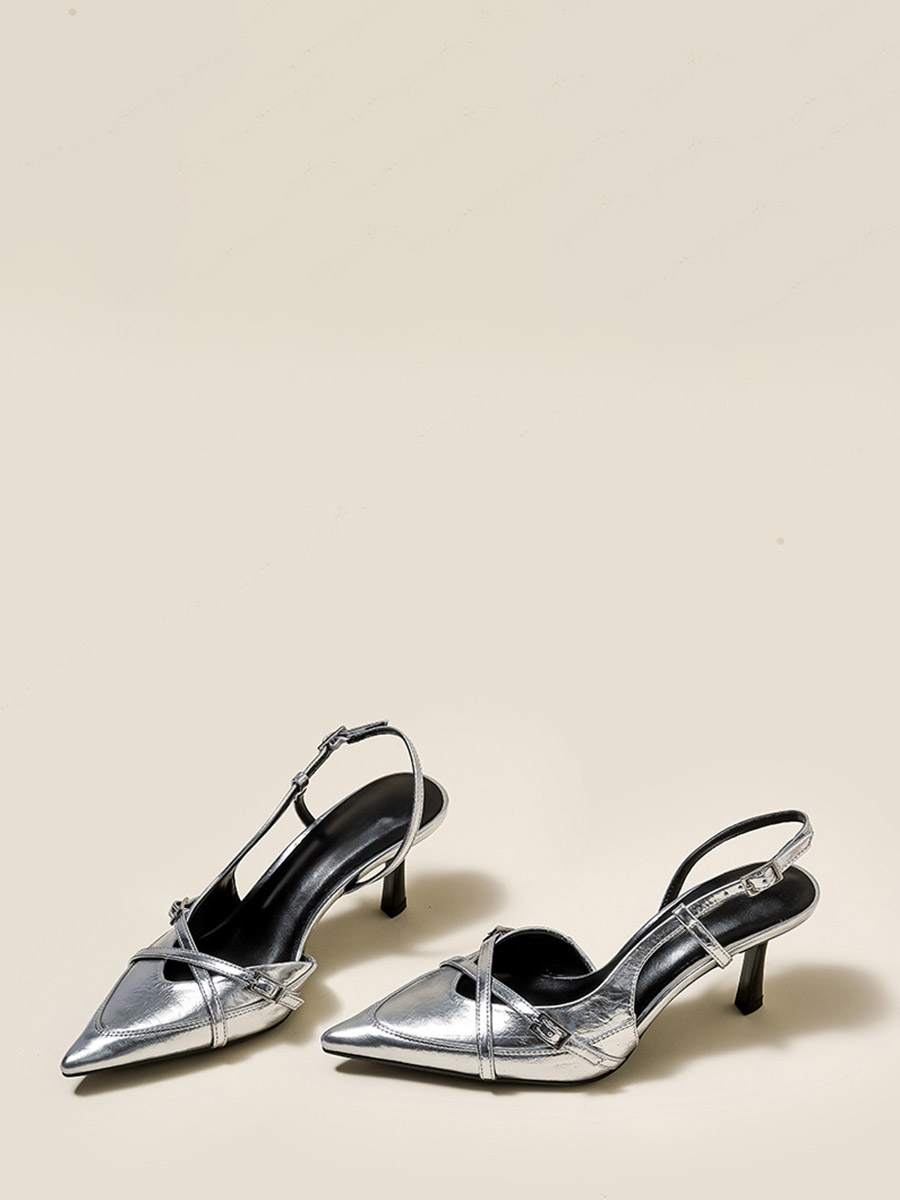 Women’s Silver Patent Microfiber Leather Buckle Slingback Pointed Toe Stiletto Heels (3)