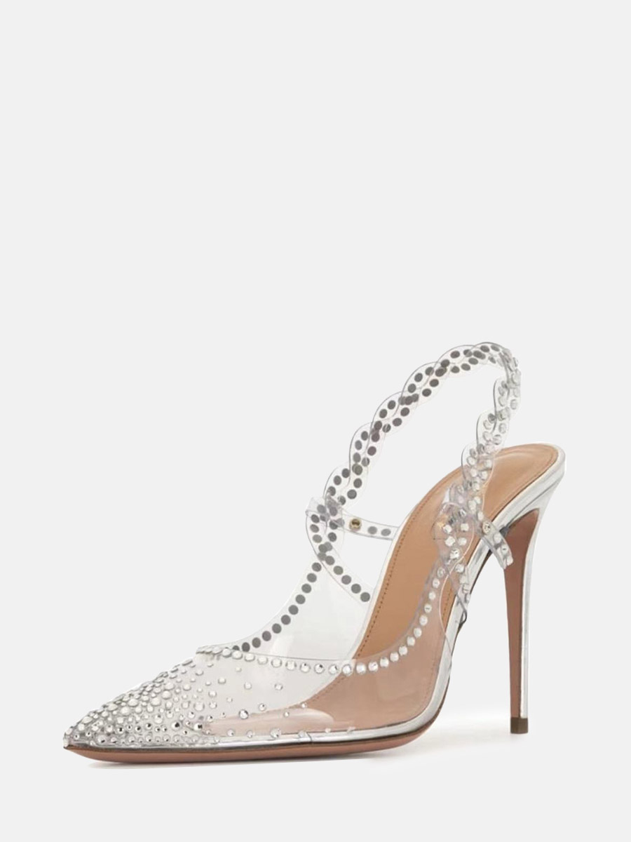 Women’s Transparent Rhinestones Embellished Slingback Stiletto Heels Pointed Toe Pumps In Silver (1)