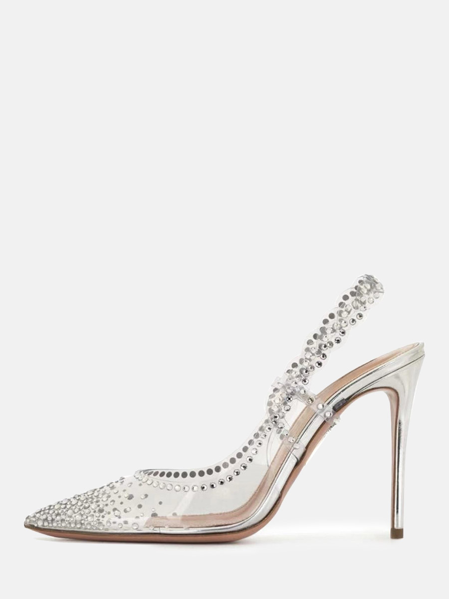 Women’s Transparent Rhinestones Embellished Slingback Stiletto Heels Pointed Toe Pumps In Silver