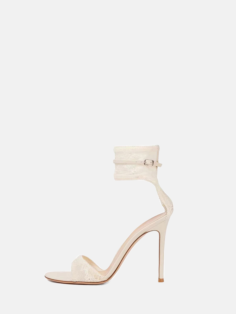 Women’s White Lace PU Ankle Strap Buckle Stiletto Heels Open Top Wedding Sandals