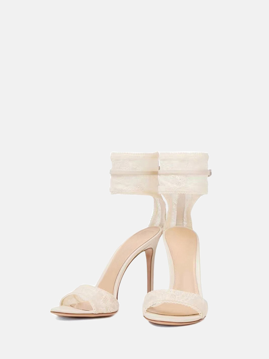 Women’s White Lace PU Ankle Strap Buckle Stiletto Heels Open Top Wedding Sandals (2)