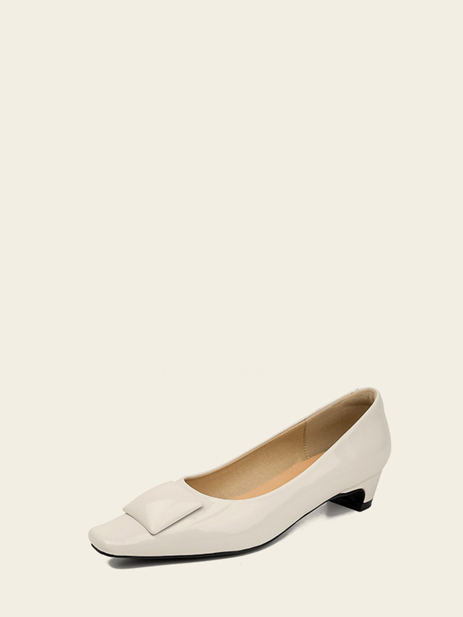 Women’s White Patent Synthetic Leather Square Toe Decoration Low Block Heels Pumps