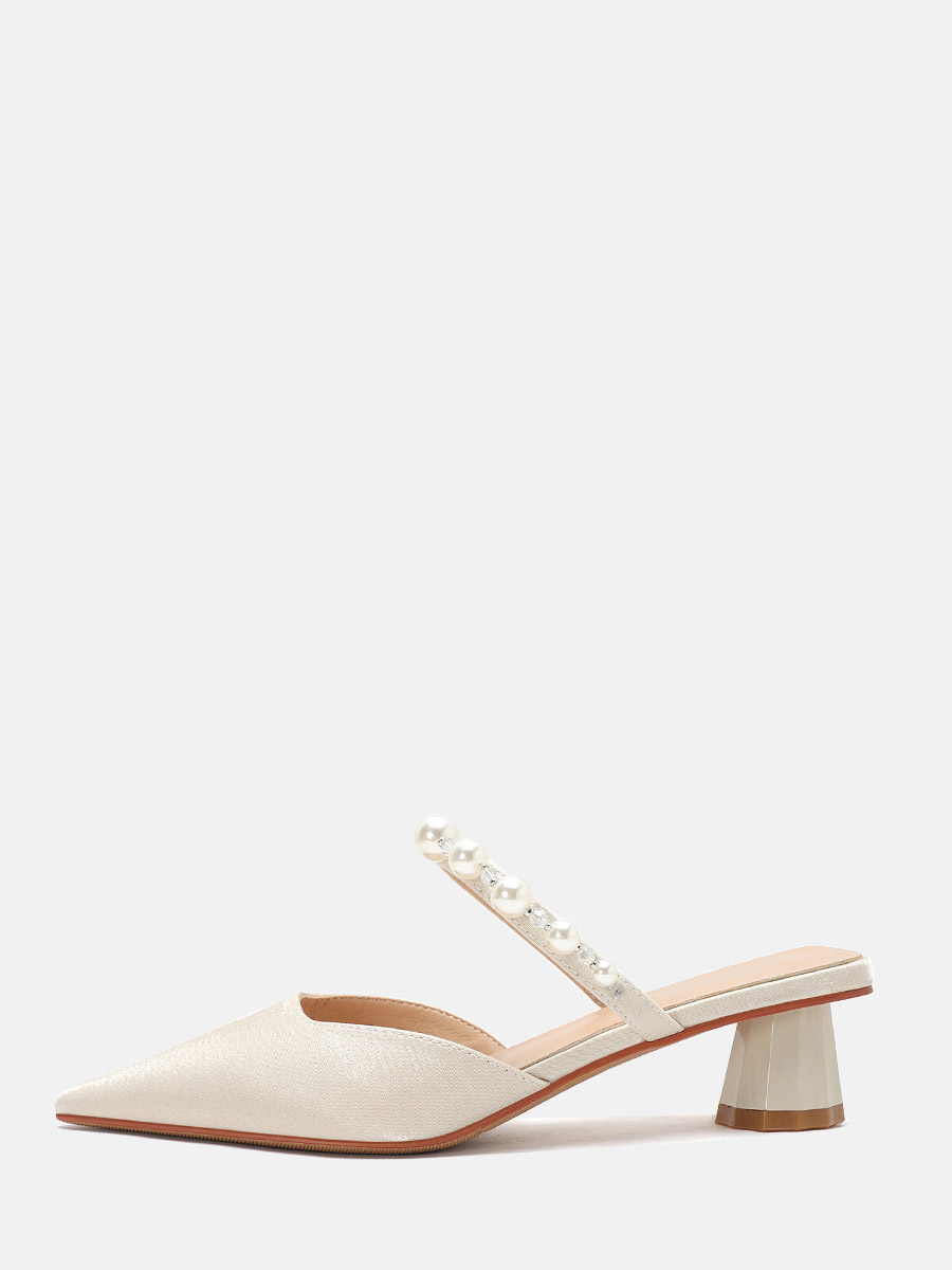 Women’s White Satin Pearl Strap Block Heels Pointed Toe Mules