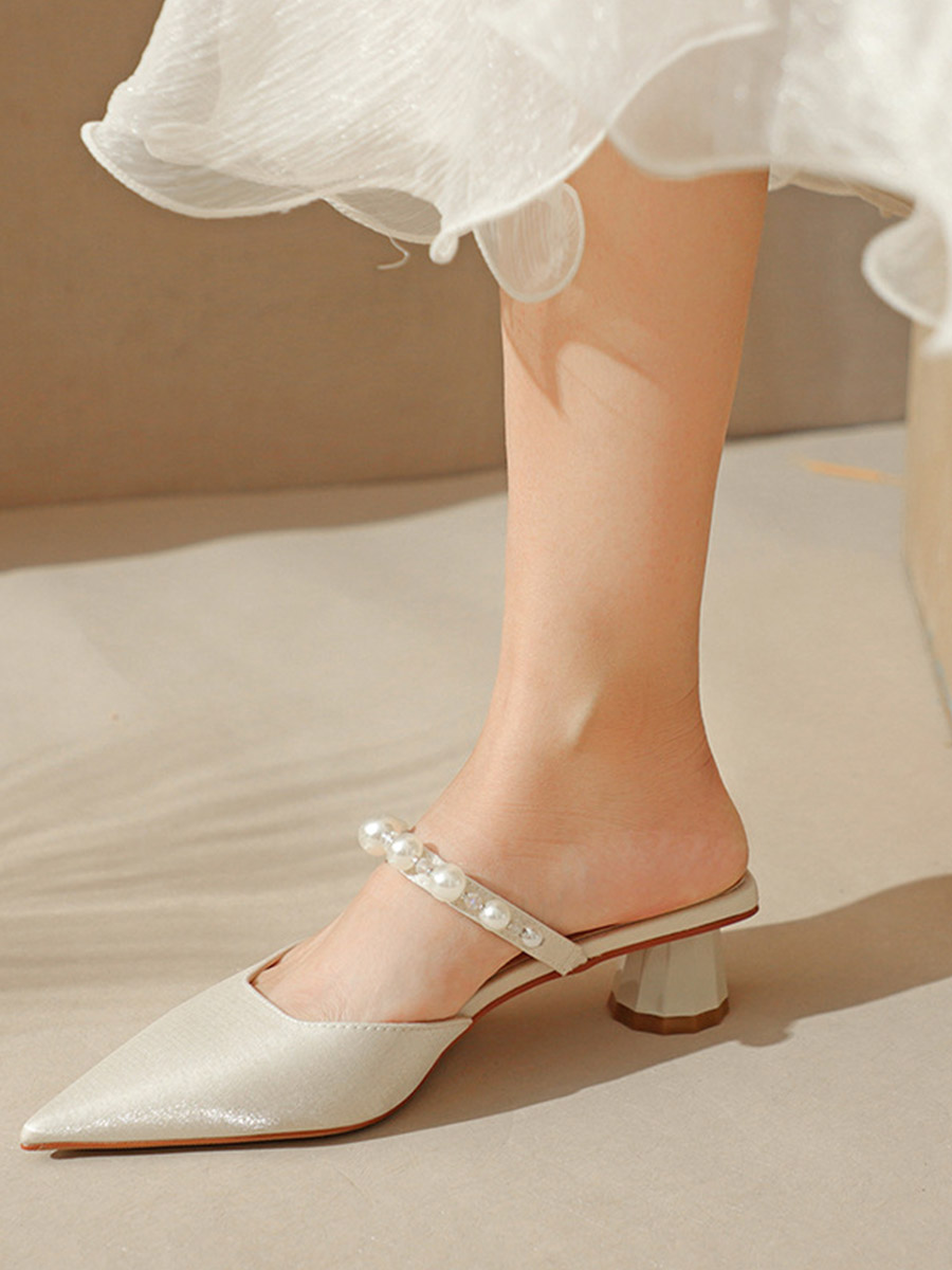 Women’s White Satin Pearl Strap Block Heels Pointed Toe Mules (11)