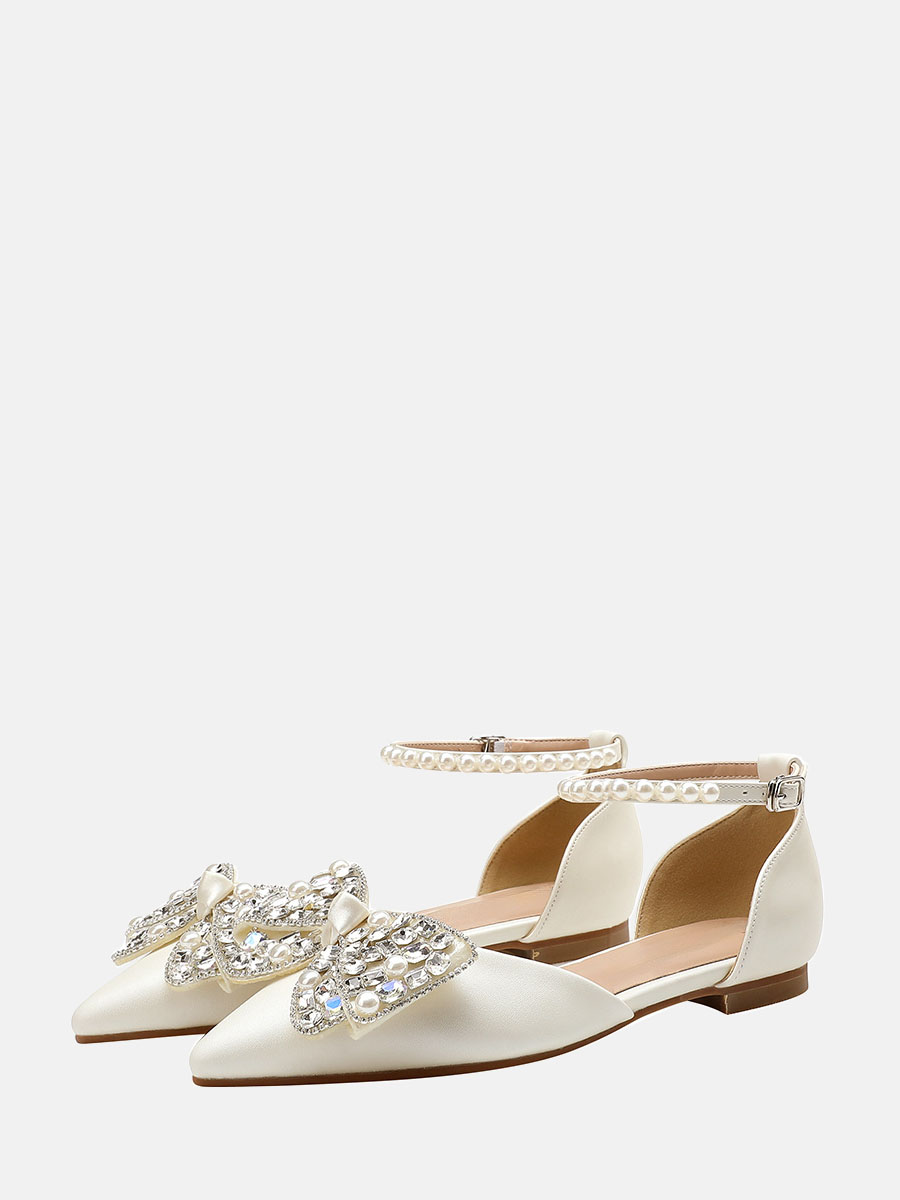 Women’s White Wedding PU Rhinestone Bow Pearl Ankle Strap D'Orsay Flats Pumps