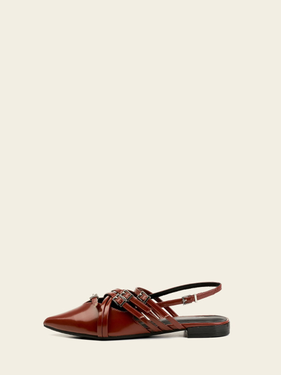 Women’s Wine Red Microfiber Buckle Pointed Toe Strappy Design Slingback Flats Pumps