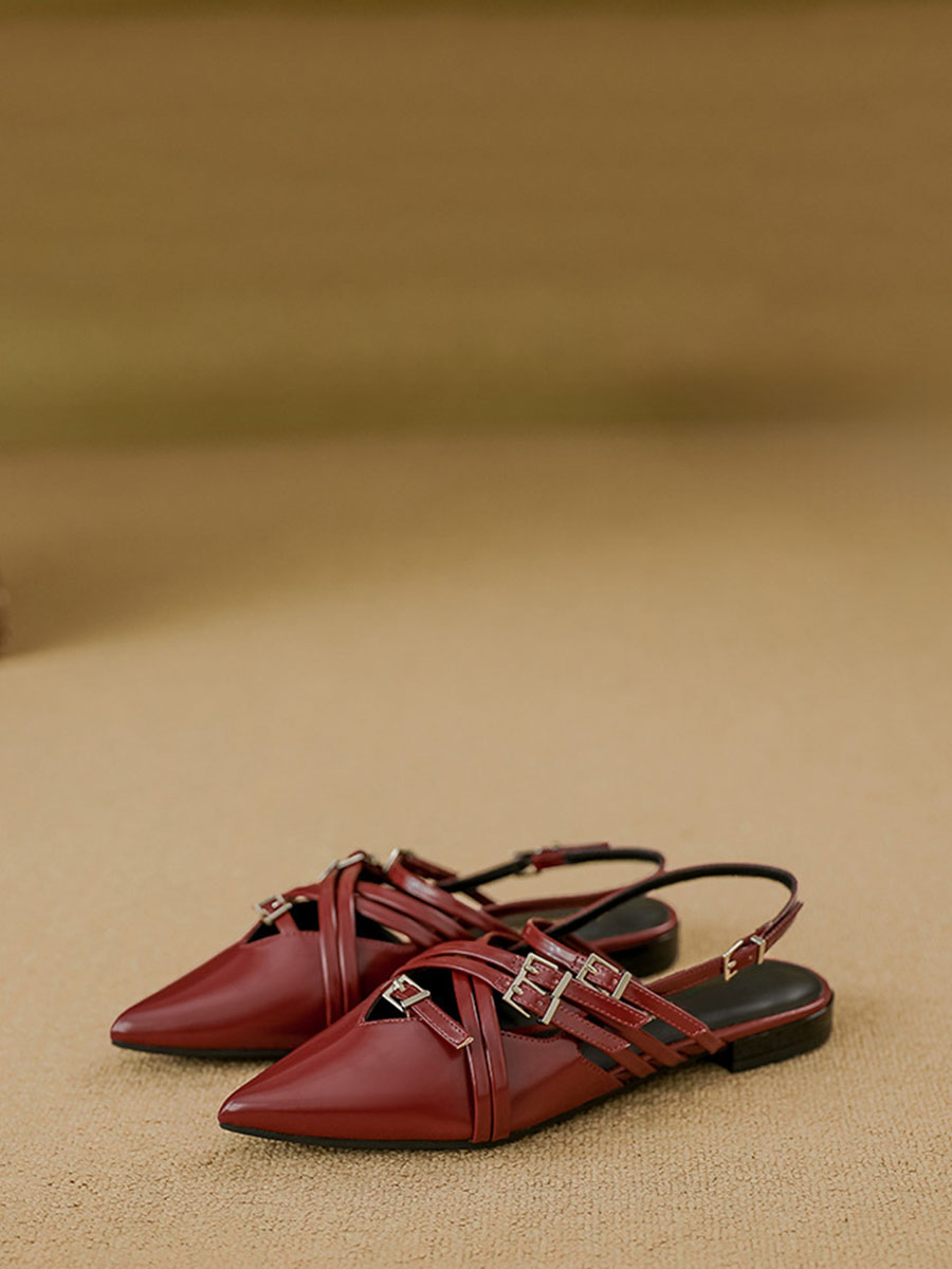 Women’s Wine Red Microfiber Buckle Pointed Toe Strappy Design Slingback Flats Pumps (4)