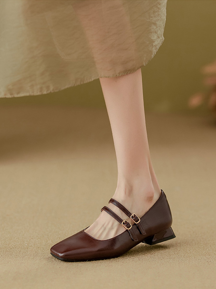 Women’s Wine Red PU Double Buckle Low Block Heels Mary Jane Square Toe Ballet (7)