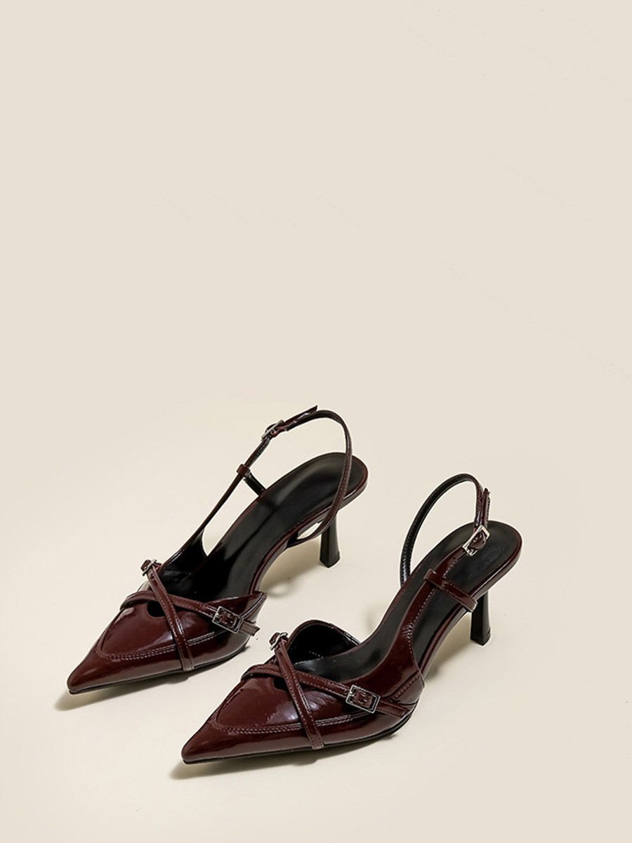 Women’s Wine Red Patent Microfiber Leather Buckle Slingback Pointed Toe Stiletto Heels