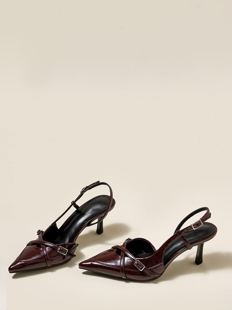 Women’s Wine Red Patent Microfiber Leather Buckle Slingback Pointed Toe Stiletto Heels (2)