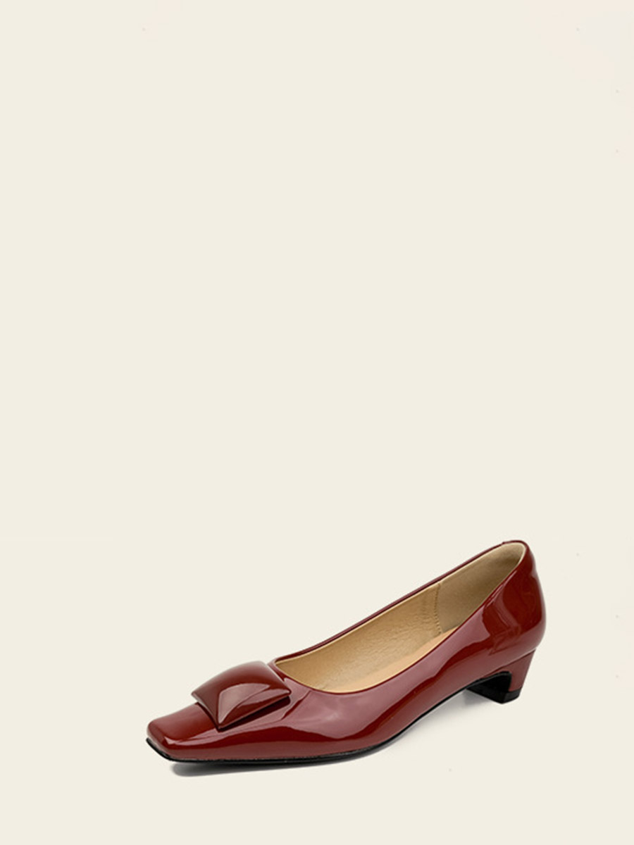 Women’s Wine Red Patent Synthetic Leather Square Toe Decoration Low Block Heels Pumps