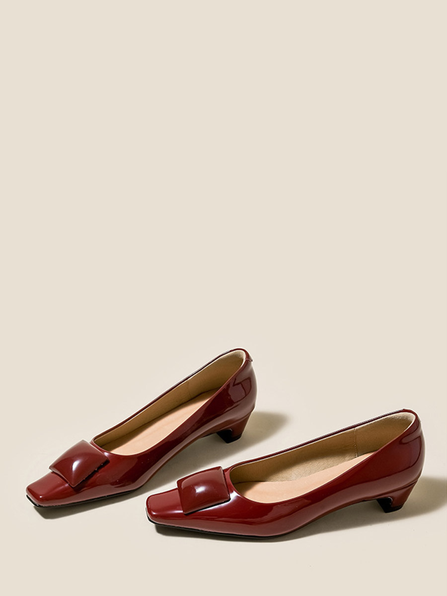 Women’s Wine Red Patent Synthetic Leather Square Toe Decoration Low Block Heels Pumps (3)