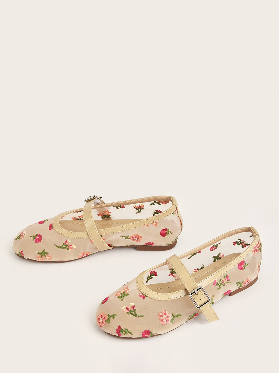 Women’s Beige Mesh Floral Embroidery Round Toe Mary Jane Buckle Strap Ballet Flats (2)