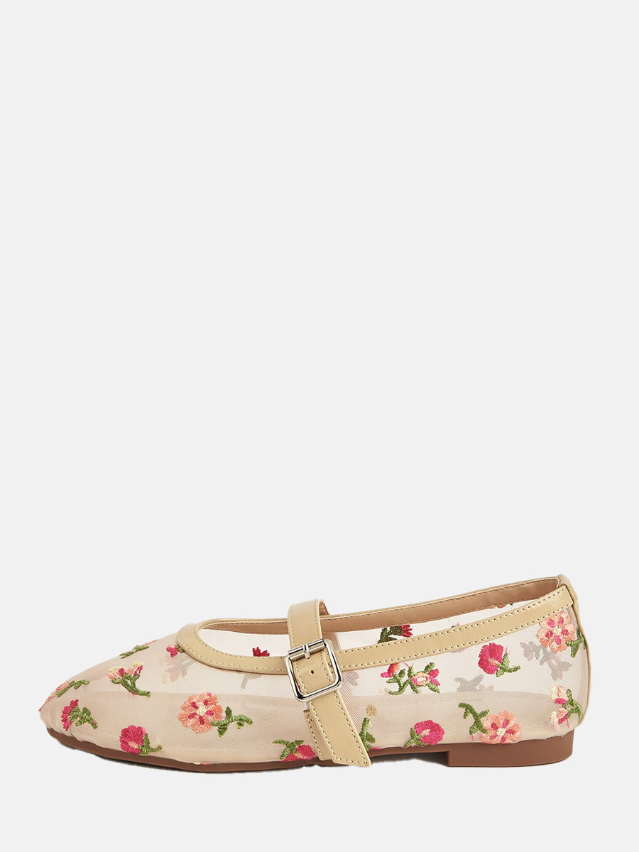 Women’s Beige Mesh Floral Embroidery Round Toe Mary Jane Buckle Strap Ballet Flats