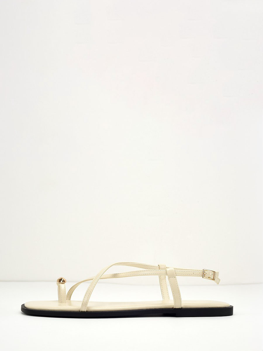 Women’s Beige PU Crisscross Slingback Buckle Flat Gold-Metal Thong Sandals