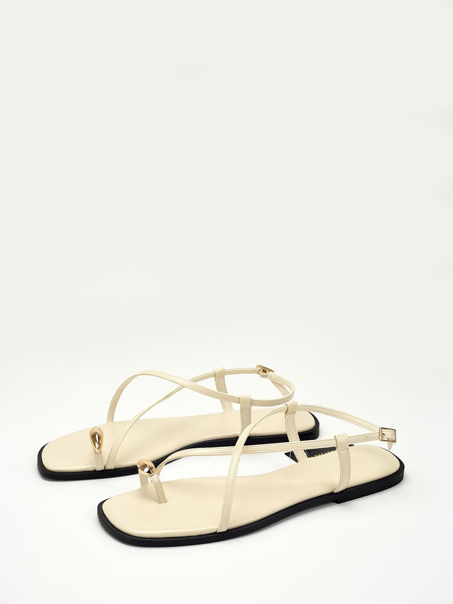 Women’s Beige PU Crisscross Slingback Buckle Flat Gold-Metal Thong Sandals (5)