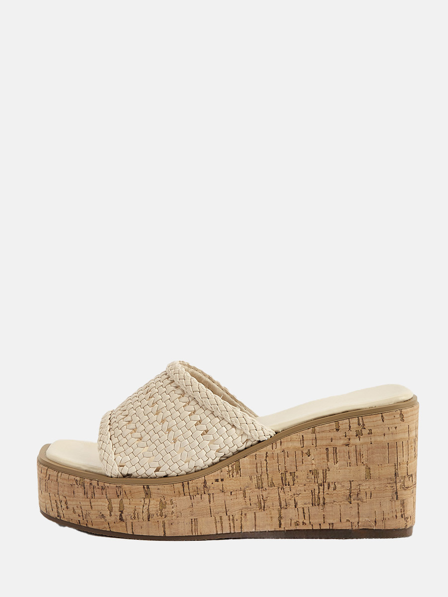 Women’s Beige Woven Canvas Open Toe Slide Platform Wedge Sandals