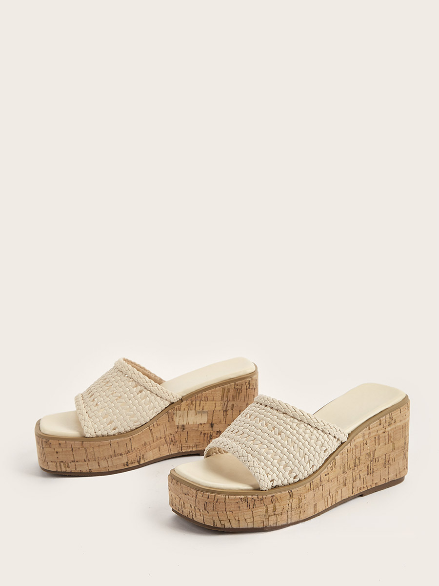 Women’s Beige Woven Canvas Open Toe Slide Platform Wedge Sandals (2)