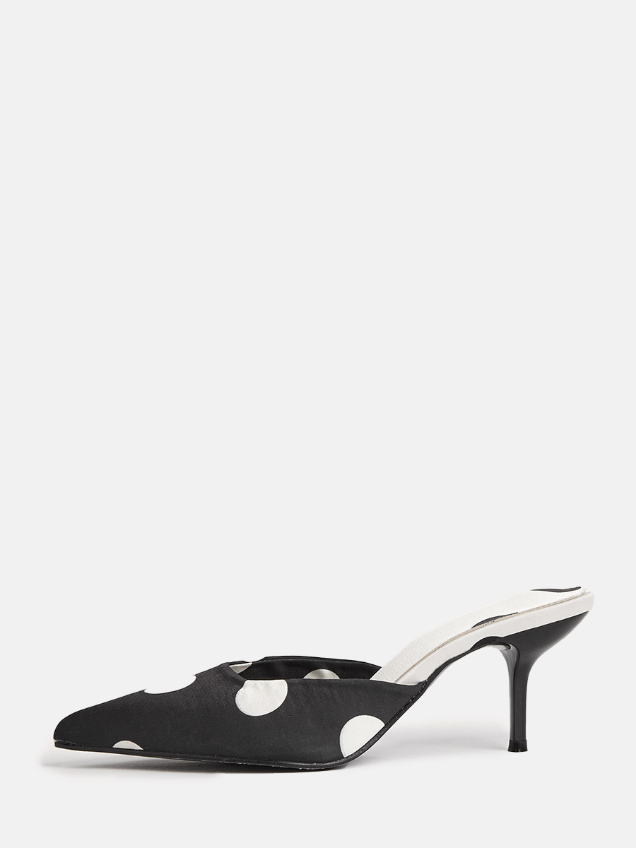 Women’s Black Cotton Polka Dots Stiletto Heels Pointed Toe Mules