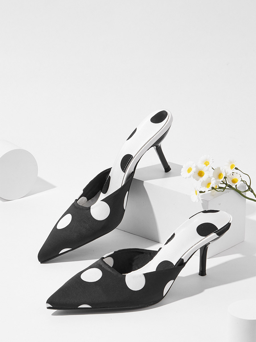 Women’s Black Cotton Polka Dots Stiletto Heels Pointed Toe Mules (2)