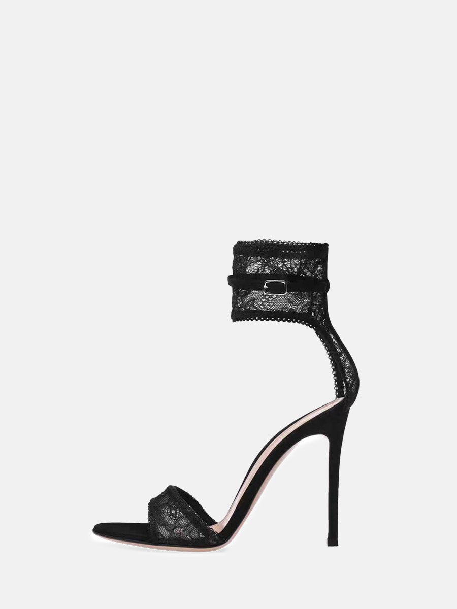 Women’s Black Lace Ankle Strap Buckle Stiletto Heels Sandals