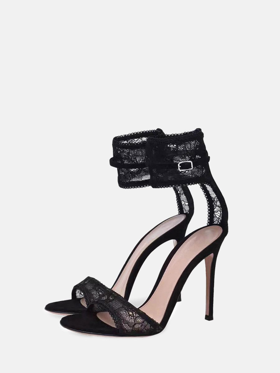 Women’s Black Lace Ankle Strap Buckle Stiletto Heels Sandals (2)