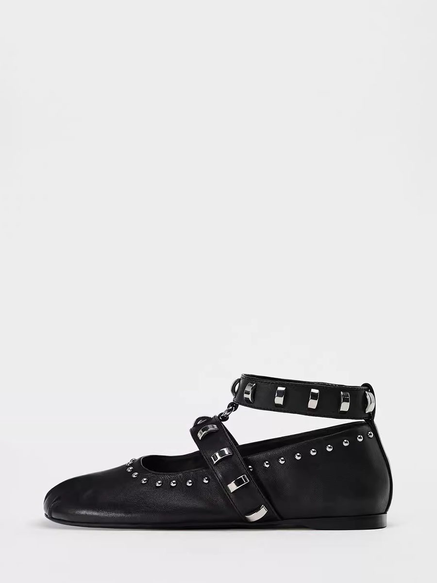 Women’s Black Microfiber Mary Jane Round Toe Studs Ankle Strap Buckle Ballet Flats