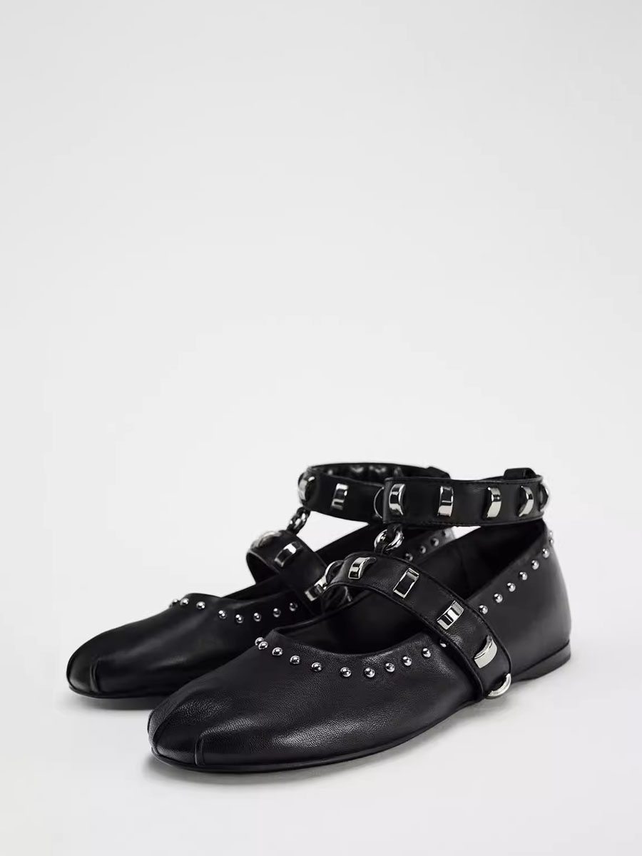 Women’s Black Microfiber Mary Jane Round Toe Studs Ankle Strap Buckle Ballet Flats (2)