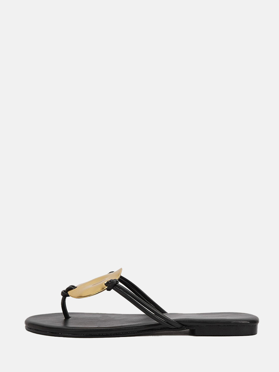 Women’s Black Microfiber Metal Detail Flat Heels Flip-Flops Sandals