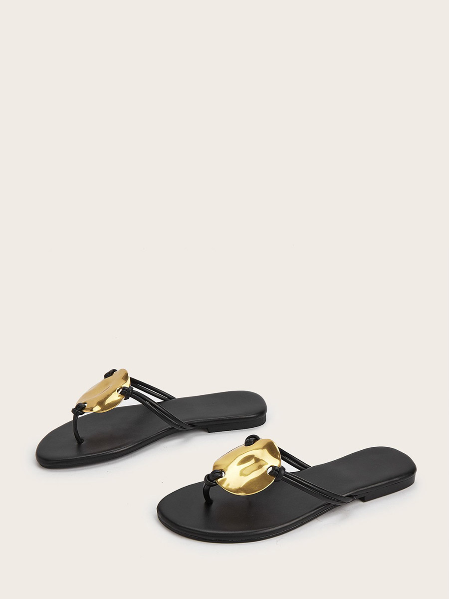 Women’s Black Microfiber Metal Detail Flat Heels Flip-Flops Sandals (3)