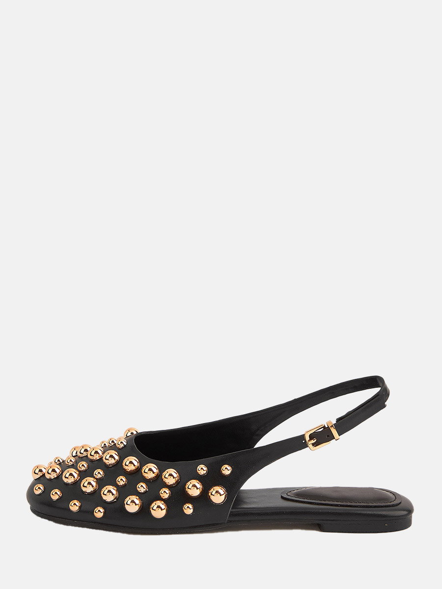 Women’s Black PU Ball Gold-Studs Slingback Buckle Round Toe Flats