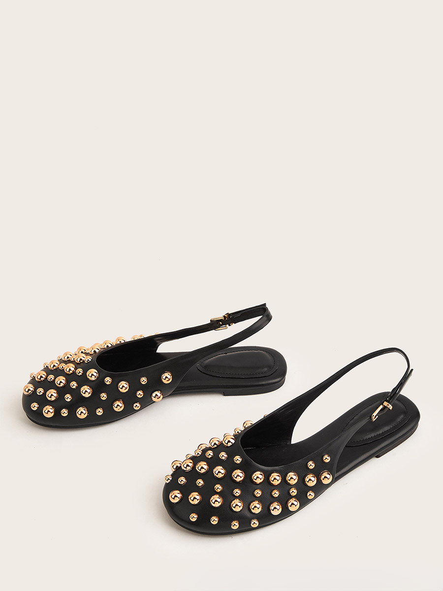 Women’s Black PU Ball Gold-Studs Slingback Buckle Round Toe Flats (3)