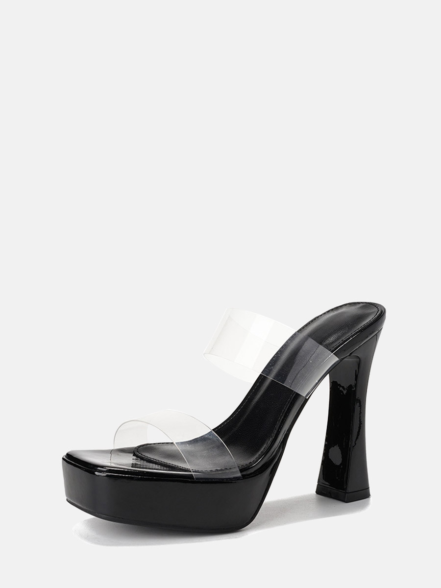 Women’s Black PU Clear Strap Platform Square Toe Block Heels Sandals