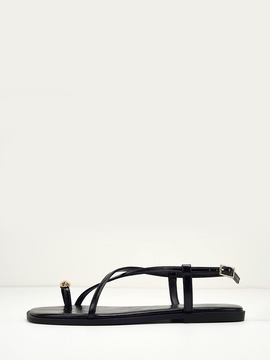 Women’s Black PU Crisscross Slingback Buckle Flat Gold-Metal Thong Sandals
