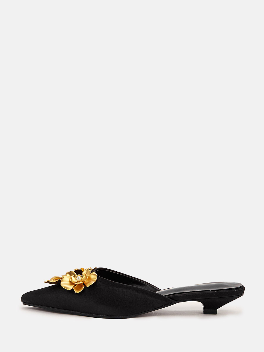 Women’s Black PU Pointed Toe Gold-Floral Embellished Low Cone Heels Mules