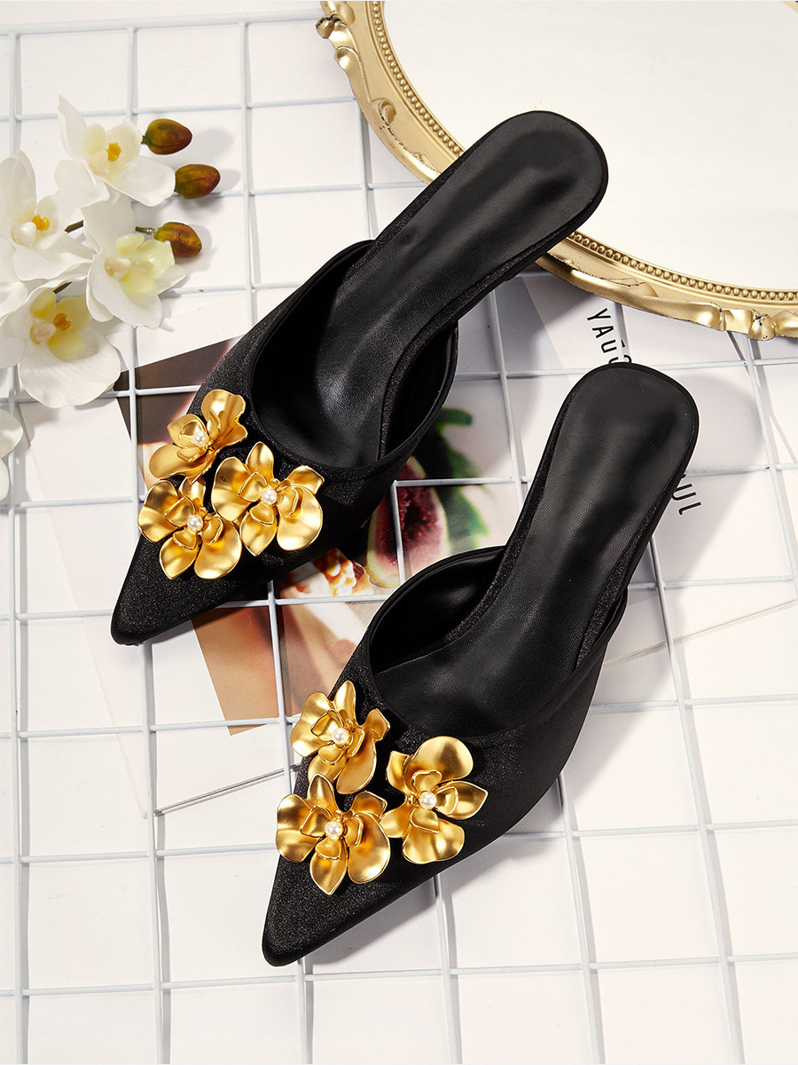Women’s Black PU Pointed Toe Gold-Floral Embellished Low Cone Heels Mules (2)