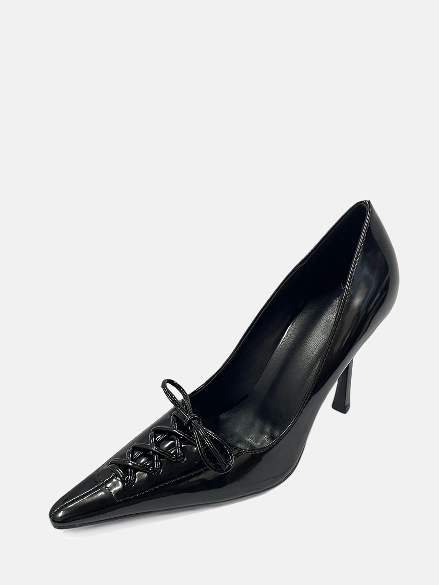 Women’s Black Patent Leather Bow Lace-up Stiletto Heels Pointed Toe Pumps