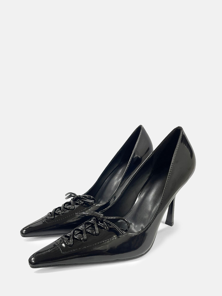 Women’s Black Patent Leather Bow Lace-up Stiletto Heels Pointed Toe Pumps (3)